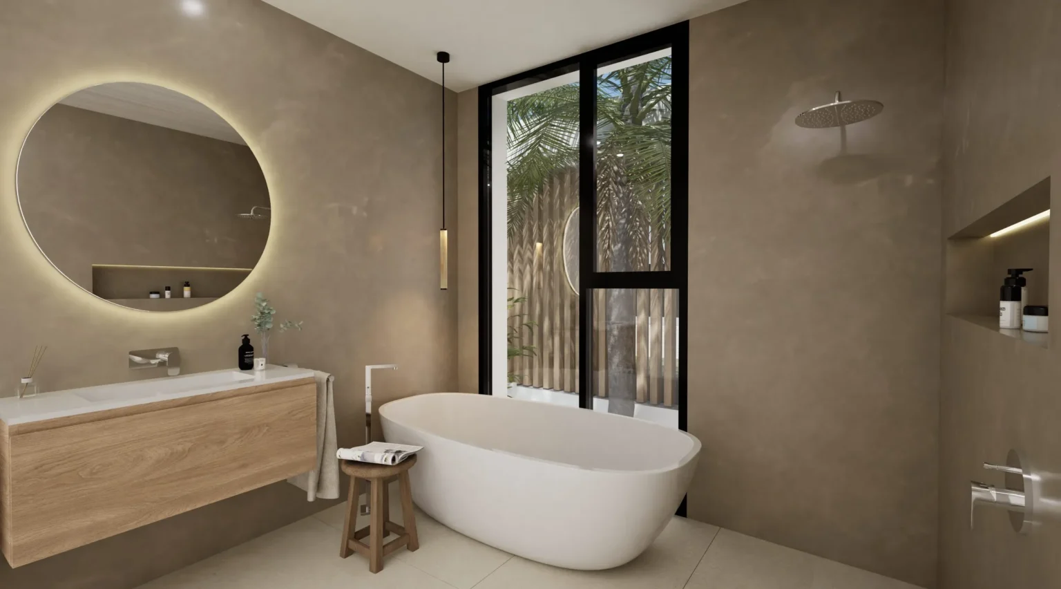Baño principal con bañera exenta y ventanal de suelo a techo