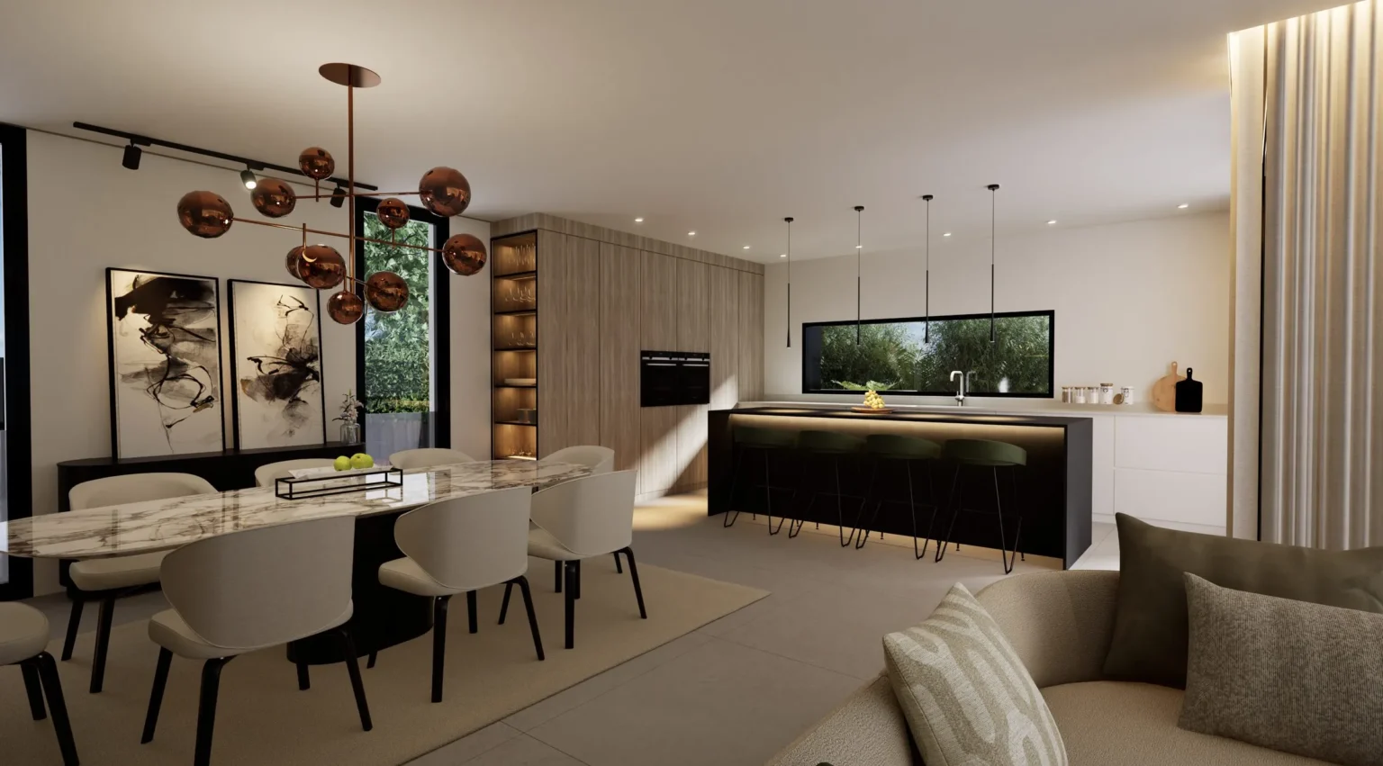 Cocina abierta con isla y comedor