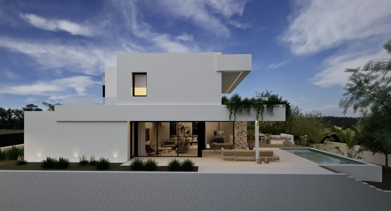Fachada blanca de líneas contemporáneas con jardín y piscina