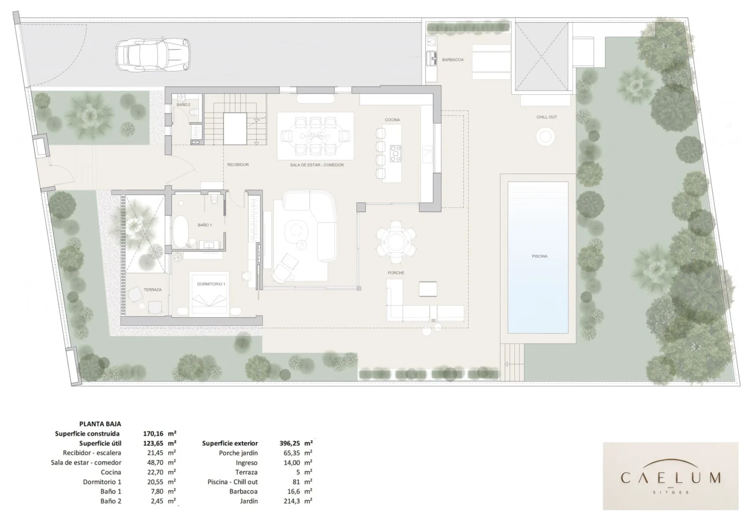 Plano de distribución de la planta baja, 170,16 m² construidos