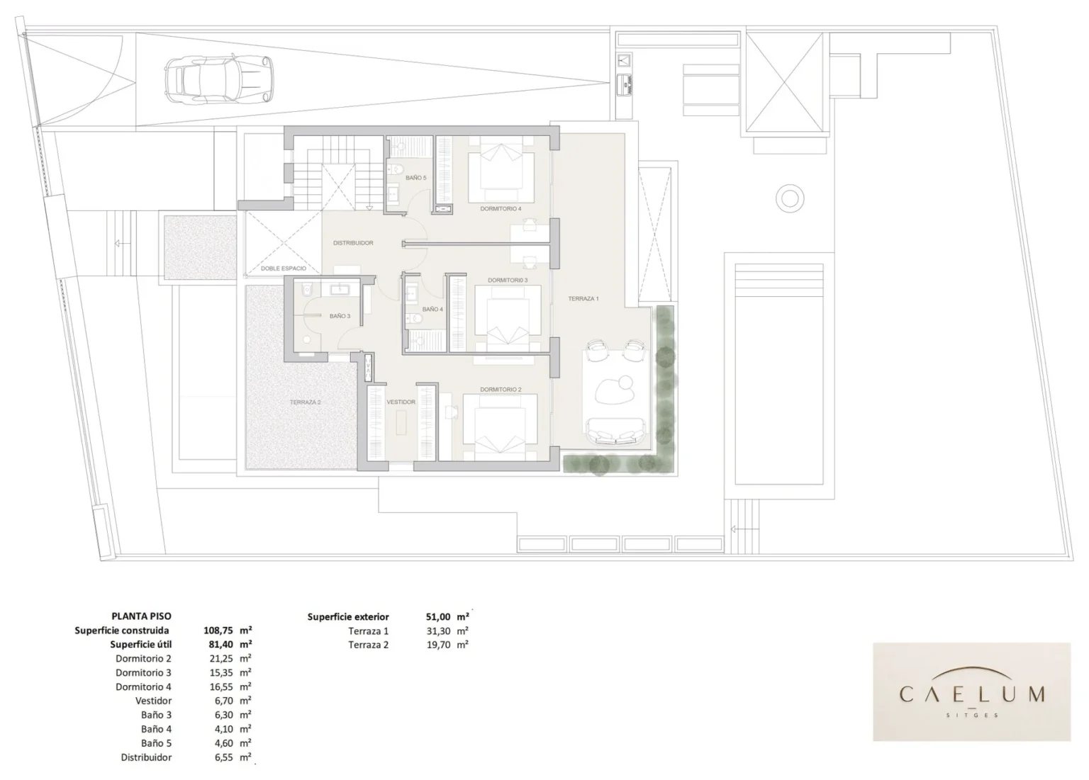 Plano de distribución de la planta piso, 108,75 m² construidos