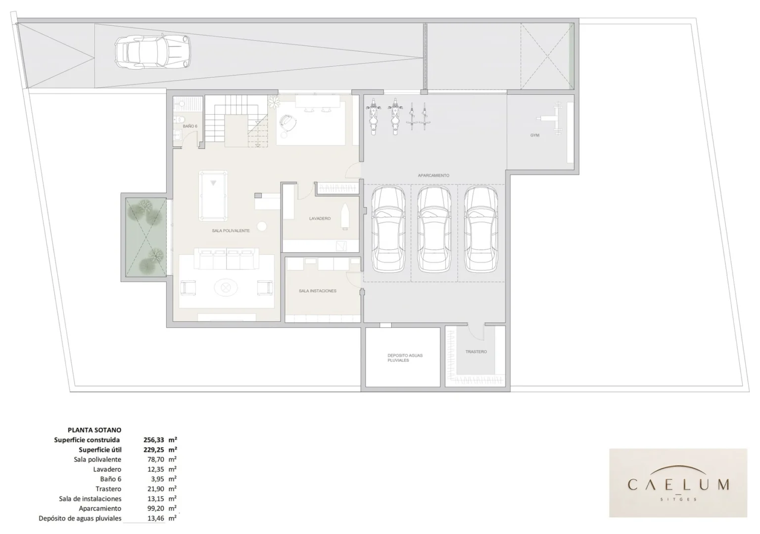 Plano de distribución de la planta sótano, 256,33 m² construidos