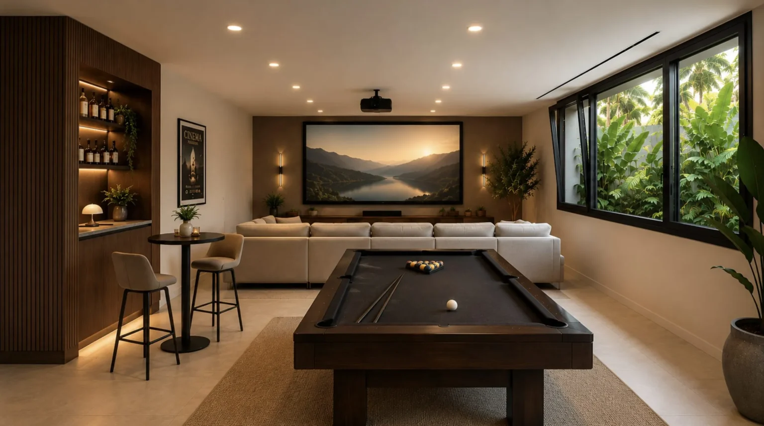 Sala polivalente con pantalla de cine y mesa de billar