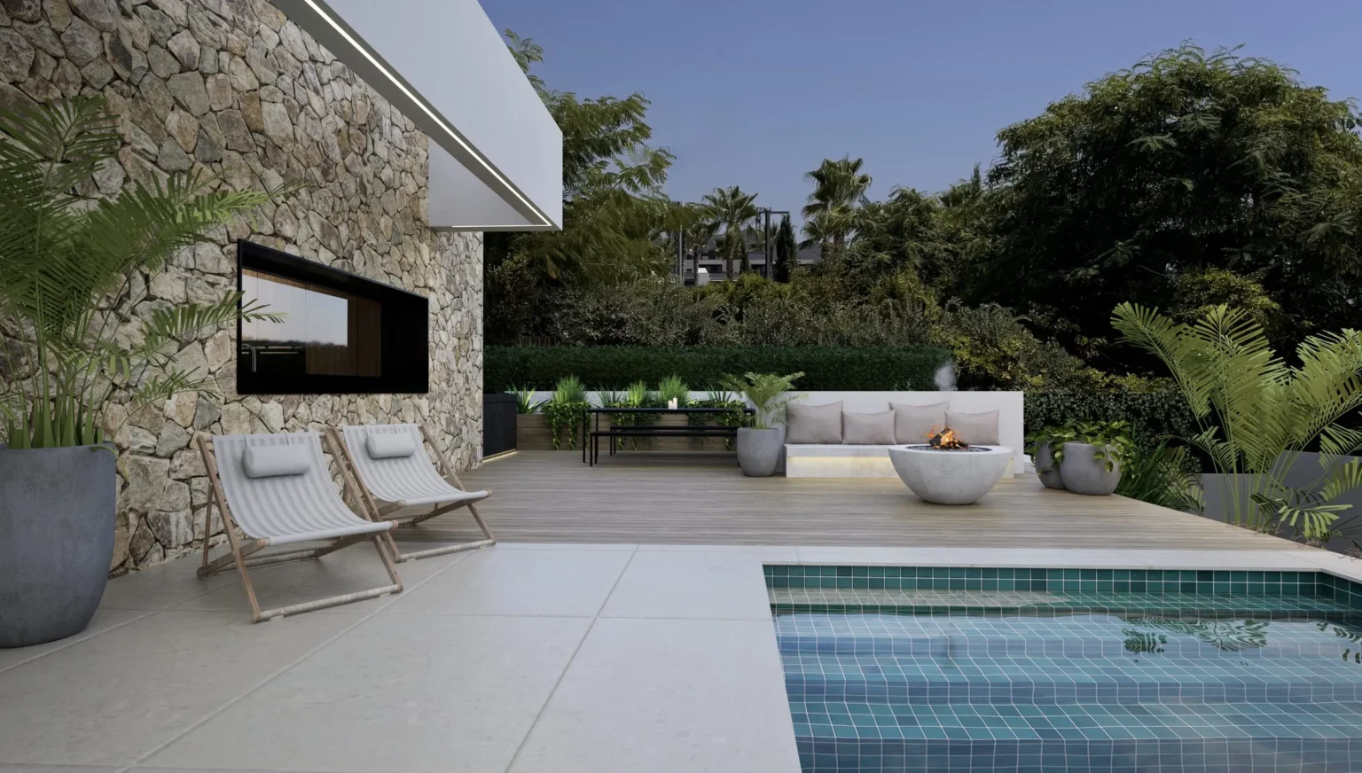 Terraza junto a la piscina con tumbonas y fuego exterior