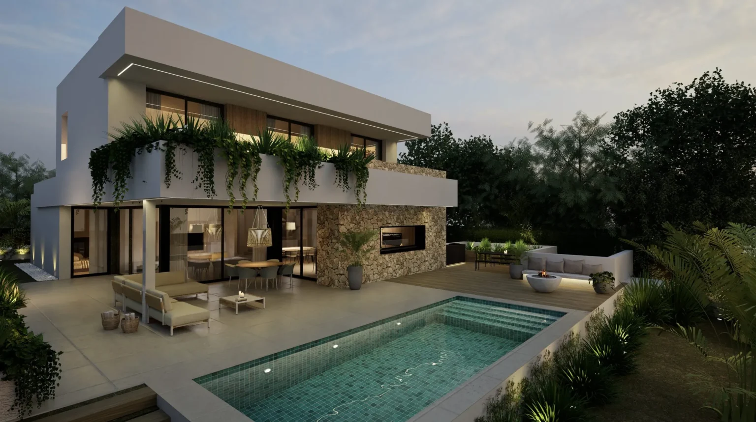 Villa contemporánea con piscina y porche iluminados al atardecer